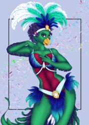  absurd_res anthro avian bird dyed_fur feather_hair feathers female green_body hi_res nennau pseudo_hair purple_eyes q-nik quetzal red_body resplendent_quetzal samba_outfit solo trogonid 