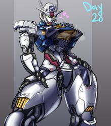  2023 biped bodily_fluids colored curvy_figure digital_drawing_(artwork) digital_media_(artwork) english_text epsi110 female fingers front_view gundam gundam_aerial hand_on_leg hand_on_thigh heart_symbol hi_res hourglass_figure humanoid looking_at_viewer machine mecha metal mobile_suit mobile_suit_gundam_the_witch_from_mercury not_furry pink_heart portrait robot robot_humanoid shaded signature simple_background solo standing sweat text thick_thighs three-quarter_portrait watermark white_body 