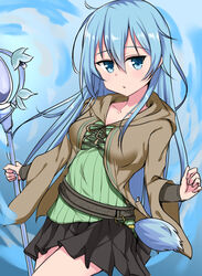  absurdres black_skirt blue_eyes blue_hair breasts brown_robe collarbone commentary_request duel_monster eria_(yu-gi-oh!) eria_the_water_charmer female green_shirt hair_between_eyes highres holding holding_staff hood hood_down hooded_robe kirikan_(cokekiri) long_hair long_sleeves medium_breasts parted_lips pleated_skirt ribbed_shirt robe shirt skirt solo staff very_long_hair wide_sleeves yu-gi-oh! 