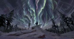  2021 anthro aurora_(phenomenon) biped clothed clothing cloud crook detailed_background digital_media_(artwork) dragon footprint forest hi_res landscape low-angle_view male mythological_creature mythological_scalie mythology night outside phyn plant robe scalie shaded signature sky snow solo staff star starry_sky themefinland tree walking_stick wingless_dragon winter 