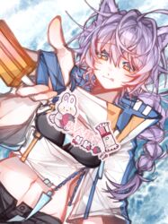  :p ahoge arknights bikini black_bikini black_shorts blue_background braid female food groin hair_between_eyes hand_up highres holding holding_food jacket long_sleeves looking_at_viewer messy_hair midriff navel official_alternate_costume popsicle provence_(arknights) provence_(casual_vacation)_(arknights) purple_hair shorts simple_background solo sqry8 swimsuit tongue tongue_out white_jacket yellow_eyes 