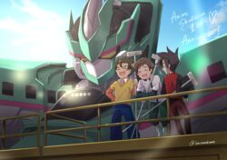  3boys anniversary bad_id bad_pixiv_id black_hair broom brown_hair commentary_request daimonyama_tsuranuki e5_hayabusa_(shinkalion) gonsuke_(5nsukeey) hayasugi_hayato highres laughing looking_to_the_side mecha multiple_boys oerba_yun_fang oga_akita open_mouth robot shinkalion_(series) shinkansen_henkei_robo_shinkalion twitter_username yellow_eyes 