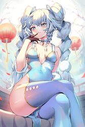  absurdres bad_id bad_twitter_id bare_shoulders blue_eyes blue_thighhighs braid breasts china_dress chinese_clothes cleavage cleavage_cutout clothing_cutout collar crossed_legs dress feet_out_of_frame female girls&#039;_frontline gloves grey_hair half_gloves hand_to_own_mouth highres korean_commentary lantern long_hair looking_at_viewer no_panties official_alternate_costume pa-15_(alluring_larkspur)_(girls&#039;_frontline) pa-15_(girls&#039;_frontline) paper_lantern pelvic_curtain refla side_slit single_half_glove sitting smile solo thighhighs thighs twin_braids twintails 