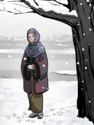  commentary dotera_(clothes) female full_body geta grey_eyes hood japanese_clothes kimono nippori_honsha okosozukin original outdoors shoe_print snow solo tabi tree winter 