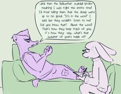  2018 anthro badger bodily_fluids clothed clothing dialogue disney duo ear_piercing ear_ring eyewear fully_clothed fur furniture glasses holding_object honey_badger honey_badger_(zootopia) lagomorph leporid mammal mustelid musteline piercing psychiatrist question_mark rabbit reclining ring_piercing sitting sofa sweat sweatdrop therapist therapy violet_hopps visiti writing_text zootopia 