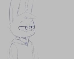  agidyne anthro blush clothing grey_background hi_res hoodie lagomorph looking_offscreen male mammal simple_background solo stephen_(agidyne) topwear 