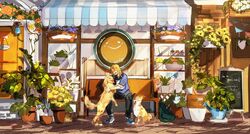  1boy animal blonde_hair blue_shirt canine closed_eyes flower highres jieli luca_kaneshiro medium_hair nijisanji nijisanji_en open_mouth pants plant shirt shoes shop sitting sneakers solo storefront virtual_youtuber 