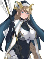  armored_bodysuit black_gloves blonde_hair blue_eyes blush bodysuit braid breasts dress female gloves goddess_of_victory:_nikke habit highres holding holding_staff large_breasts long_hair looking_at_viewer nun peli_cantaro rapunzel_(nikke) solo staff standing very_long_hair 