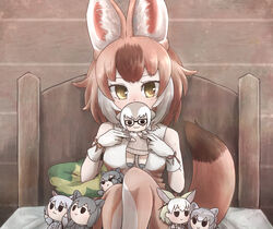  animal_ear_fluff animal_ears bare_shoulders bed black_hair black_jaguar_(kemono_friends) blonde_hair breasts brown_hair character_doll commentary common_raccoon_(kemono_friends) dhole_(kemono_friends) dog_ears dog_girl dog_tail doll female fennec_(kemono_friends) grey_hair highres holding holding_doll indoors jaguar_girl kemono_friends kemono_friends_3 kotobukkii_(yt_lvlv) malayan_tapir_(kemono_friends) medium_breasts meerkat_(kemono_friends) meerkat_ears multicolored_hair solo southern_tamandua_(kemono_friends) tail white_hair yellow_eyes 