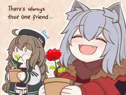  2girls :d animal_ear_fluff animal_ears arknights blank_eyes blush brown_background brown_hair commentary cuora_(arknights) dated_commentary eating english_commentary english_text flower flower_pot grey_hair guin_guin hair_between_eyes happy hat holding holding_flower_pot jacket long_hair multiple_girls oerba_yun_fang open_mouth plant potted_plant projekt_red_(arknights) red_flower smile upper_body wolf_ears 