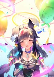  3girls :d absurdres aekun_cben animal_ears balloon belt belt_collar black_camisole black_hair black_overalls blue_archive blush camisole character_name closed_eyes collar confetti dog_ears dog_tags doodle_sensei_(blue_archive) facing_viewer hair_bobbles hair_ornament halo happy happy_birthday hibiki_(blue_archive) highres kotori_(blue_archive) low_twintails medium_hair multiple_girls off_shoulder open_mouth out_of_frame overalls purple_belt sensei_(blue_archive) smile solo_focus strap_slip twintails twitter_username upper_body utaha_(blue_archive) 