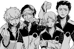  4boys alternate_hairstyle anger_vein angry blood blood_on_clothes blood_on_face cuts dirty dirty_clothes furrowed_brow greyscale ikoma_squad&#039;s_uniform ikoma_tatsuhito injury long_sleeves looking_at_viewer looking_away looking_down male_focus middle_finger minamisawa_kai mizukami_satoshi_(world_trigger) mole mole_under_eye monochrome multiple_boys nama_(myouko) nosebleed oki_kouji open_mouth short_hair short_sleeves side-by-side spiked_hair thumbs_down uniform upper_body visor_cap widow&#039;s_peak world_trigger 