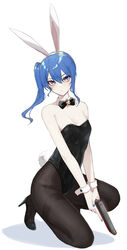  alternate_costume animal_ears bare_arms bare_shoulders black_bow black_bowtie black_footwear black_leotard blue_eyes blue_hair blue_nails bow bowtie breasts brown_pantyhose cleavage closed_mouth detached_collar fake_animal_ears fake_tail female full_body gun hair_between_eyes handgun high_heels highres holding holding_gun holding_weapon hololive hoshimachi_suisei leotard long_hair looking_at_viewer on_one_knee pantyhose playboy_bunny rabbit_ears rabbit_tail saco_(cgmore) side_ponytail simple_background small_breasts solo star_(symbol) star_in_eye strapless strapless_leotard symbol_in_eye tail v_arms virtual_youtuber weapon white_background wrist_cuffs 