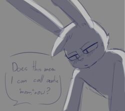  agidyne annoyed anthro blush cousins_(lore) dialogue dirty_talk embarrassed english_text female greyscale hair head_tuft hi_res incest_(lore) lagomorph leporid long_ears male male/female mammal monochrome nude offscreen_character pouting rabbit short_hair solo stephen_(agidyne) text tuft 