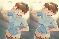  artist_name blue_shirt bluesona_(bluethebone) bluethebone blush breasts brown_eyes brown_hair choker commentary cowboy_shot english_commentary english_text female hand_on_own_hip highres large_breasts looking_at_viewer meme multiple_views no_pants original pajamas_challenge_(meme) patreon_username polka_dot_thighhighs self-portrait shirt short_hair subtitled taut_clothes thighhighs 