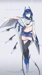  2a5caa_(sarasadou_dan) blue_hair blue_shorts breasts cable cable_tail cloak english_text female floating full_body hair_between_eyes highres knife levitation looking_at_viewer mechanical_tail medium_hair midriff navel original outstretched_arm sarasadou_dan short_shorts shorts solo tail thighhighs zipper 