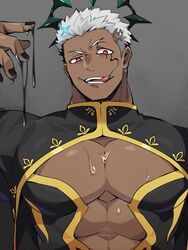  1boy :q abs abs_cutout angel bara cleavage_cutout clothing_cutout commentary dark-skinned_male dark_skin evil_smile halo highres israfil_(housamo) large_pectorals looking_at_viewer male_focus muscular muscular_male nipples nizitaro pectoral_cleavage pectorals pouring pouring_onto_self red_eyes short_hair sideburns smile solo tokyo_afterschool_summoners tongue tongue_out upper_body white_hair 