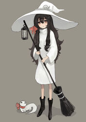  absurdres black_footwear black_hair boots broom brown_background creature dress female gregor_(tsurunoka) hair_between_eyes hair_ribbon hat highres lantern lead_white_(tsurunoka) long_hair long_sleeves original red_ribbon ribbon shadow simple_background solo tsumetai_(tsurunoka) white_dress white_hat witch_hat 