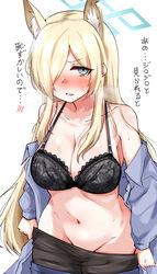  animal_ear_fluff animal_ears black_bra blonde_hair blue_archive blue_eyes blue_halo blue_shirt blush bra breasts cleavage clothes_pull cowboy_shot dog_ears female hair_over_one_eye halo highres kanna_(blue_archive) large_breasts long_hair long_sleeves looking_at_viewer machismo_fuji navel nose_blush pantyhose pantyhose_pull pulling_own_clothes shirt simple_background solo teeth translation_request underwear undressing white_background 