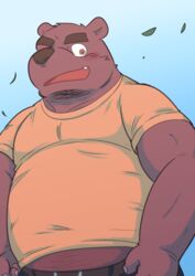  2015 anthro bear blue_background blush bottomwear brown_body brown_fur brown_nose clothing fur humanoid_hands kemono kick_(artist) male mammal overweight overweight_male pants shirt simple_background solo topwear 