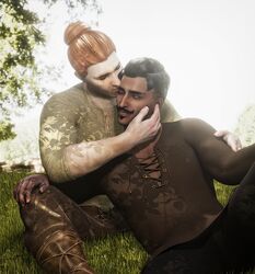  2boys 3d 3d_artwork 3d_model bara beard_stubble bearerofvictory bun chest_hair closed_eyes clothed clothing couple cuddling dark-skinned_male dark_hair dark_skin daylight dorian_pavus dragon_age dragon_age_inquisition duo facial_hair gay gay_male grass hairy_chest human inquisitor_(dragon_age) kissing light-skinned_male light_skin long_hair mage male male/male male_only moustache outdoors outside romantic romantic_couple scar scars sitting sitting_on_ground smile smiling stubble sunlight tree video_games yaoi 