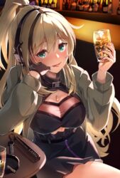  ammo21204760 bar_(place) black_hair blonde_hair blush breasts character_name cleavage cup female fingerless_gloves girls&#039;_frontline gloves green_eyes headphones holding holding_cup ice ice_cube lamg_(girls&#039;_frontline) long_hair looking_at_viewer mole mole_under_eye multicolored_hair multiple_moles pink_nails single_glove sitting smile solo streaked_hair tongue tongue_out 