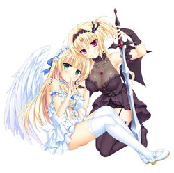  2girls absurdres alternate_costume angel_and_devil angel_wings bare_shoulders black_dress black_footwear black_gloves black_thighhighs blonde_hair blue_flower blue_rose blunt_bangs blush bracelet breasts bridal_gauntlets center_frills choker cleavage closed_mouth demon_wings dress eyes_visible_through_hair fake_wings feathered_wings finger_to_mouth flower frilled_choker frilled_dress frills full_body garter_straps gloves green_eyes hair_between_eyes hair_intakes hand_on_another&#039;s_shoulder hand_up heads_together heroina_di_caballero_ista highres holding holding_sword holding_weapon hug impossible_clothes index_finger_raised jewelry kin-iro_loveriche kneeling large_breasts legs_together long_hair looking_at_viewer mary_janes moribe_(rabumanyo) multiple_girls nail_polish necklace off-shoulder_dress off_shoulder official_art pink_eyes red_flower red_nails red_rose rose shiny_skin shoes short_ponytail shushing sidelocks simple_background sitting sleeveless sleeveless_dress smile smug straight_hair strapless strapless_dress sword sylvia_le_cruzcrown_sortilege_sisua thighhighs thighs toranosuke very_long_hair weapon white_background white_dress white_footwear white_thighhighs white_wings wings zettai_ryouiki 