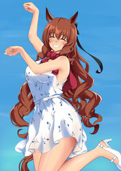  animal_ears armpits bare_shoulders black_bow blue_sky blush bow breasts brown_hair closed_eyes closed_mouth commentary_request dress ear_bow ear_ornament facing_viewer female golshi&#039;s_first_place_pose grin hair_between_eyes hairbow hakase_yurisuki high_heels highres horse_ears horse_girl long_hair maruzensky_(umamusume) medium_breasts neckerchief official_alternate_costume outdoors red_neckerchief sky sleeveless sleeveless_dress smile solo umamusume very_long_hair white_dress white_footwear 