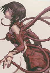  absurdres bare_shoulders blunt_bangs breasts brown_hair commentary cowboy_shot dress female gauna_491 head_tilt highres hoshijiro_shizuka looking_at_viewer looking_back parted_lips red_dress red_eyes short_hair sidelocks sidonia_no_kishi simple_background small_breasts solipsist solo tentacle yellow_background 