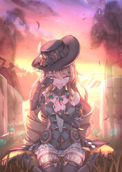  2boys absurdres bare_shoulders black_gloves black_headwear black_thighhighs blonde_hair closed_eyes commentary_request crying detached_sleeves dress facial_hair fall4592 fedora female genshin_impact gloves grass hat highres jacket jewelry long_sleeves melus_(genshin_impact) moustache multiple_boys navia_(genshin_impact) necklace open_mouth outdoors pants silver_(genshin_impact) sitting spirit strapless strapless_dress sunglasses sunset tears thighhighs tombstone wariza 