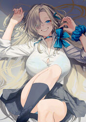  asuna_(blue_archive) black_choker black_skirt black_socks blue_archive blue_eyes blue_panties blue_ribbon blue_scrunchie blush bra_visible_through_clothes breasts choker collared_shirt female grin hair_ribbon highres large_breasts light_brown_hair long_hair looking_at_viewer neko61 no_halo panties pleated_skirt ribbon school_uniform scrunchie shirt skirt smile socks solo underwear very_long_hair white_shirt wrist_scrunchie 