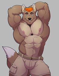  abs anthro arrow_(arrowt) biceps bottomwear bulge canid canine canis clothed clothing hands_behind_head hi_res knuxlight looking_at_viewer male mammal muscular muscular_anthro muscular_male nipples pecs shorts solo topless topless_male wolf 