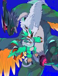  anthro beak digimon_liberator duo evolutionary_family feathers flying galemon green_body green_feathers guil87645127 hi_res horn male mask neck_tuft pteromon sharp_teeth teeth tuft winged_arms wings 