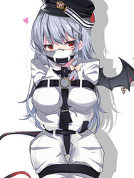  absurdres blue_archive bound bound_arms bound_legs braid crotch_strap demon_tail demon_wings drop_shadow female gag gagged grey_hair haruna_(blue_archive) hat heart highres legion_(fox3498) long_hair mask red_eyes single_braid single_wing solo spoken_heart straitjacket tail wings 