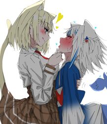  2girls after_kiss animal_ears animal_hood asymmetrical_docking black_eyeliner blonde_hair blue_eyes blue_hair blue_hoodie blunt_bangs blush bob_cut breast_press breasts carrot_011 cat_ears cat_girl commentary eyelashes eyeliner fins fish_tail full-face_blush gawr_gura gawr_gura_(1st_costume) grabbing_another&#039;s_chin grey_hair hair_between_eyes hair_ornament hand_on_another&#039;s_chin heart highres hololive hololive_english hood hoodie hug large_breasts licking_lips light_smile long_sleeves makeup multicolored_hair multiple_girls necktie one_side_up open_mouth plaid plaid_skirt pleated_skirt red_necktie shark_girl shark_hair_ornament shark_hood shark_print shark_tail shirt short_hair short_sleeves sidelocks skirt smile streaked_hair symbol-only_commentary tail tongue tongue_out torogao two_side_up virtual_youtuber watson_amelia watson_amelia_(1st_costume) white_hair yuri 