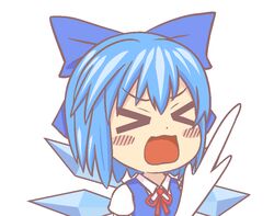  &gt;_&lt; 610480663 ayanami_barrage_(meme) blue_dress blue_hair blush chinese_commentary cirno commentary dress female gyate_gyate ice ice_wings meme open_mouth sexually_suggestive short_hair touhou upper_body white_background wings 