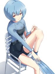  absurdres adjusting_footwear ayanami_rei black_wetsuit blue_hair bodysuit breasts chair commission diving_suit feet_on_chair female flippers highres knee_up looking_at_viewer neon_genesis_evangelion pixiv_commission red_eyes short_hair simple_background sitting small_breasts solo springsuit strap tsutarou two-tone_bodysuit wetsuit white_background 