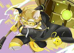  absurd_res anthro bulge canid canine canis clothing domestic_dog eyewear fighting_pose fur goggles hammer hechaxianzhi hi_res lifewonders live_a_hero male mammal pose procy short_stack solo spandex superhero tight_clothing tools yellow_body yellow_fur 