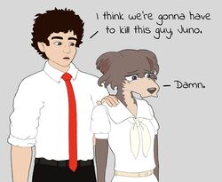  2024 anthro beastars bottomwear brown_hair canid canine canis chipepper_(artist) clothing colored dialogue digital_media_(artwork) duo english_text female fur grey_background hair hand_on_shoulder hi_res human i_think_we&#039;re_gonna_have_to_kill_this_guy joe_hawley juno_(beastars) lips male male/female mammal meme necktie pants rolled_up_sleeves shirt simple_background tally_hall text topwear uniform white_clothing white_shirt white_shirt_collar white_topwear wolf 