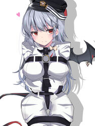  absurdres blue_archive bound bound_arms bound_legs braid crotch_strap demon_tail demon_wings drop_shadow female grey_hair haruna_(blue_archive) hat heart highres legion_(fox3498) long_hair red_eyes single_braid single_wing smile solo spoken_heart straitjacket tail wings 