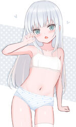  blue_panties bra claw_pose commentary cowboy_shot female grey_eyes heart heart_print highres long_hair looking_at_viewer mismatched_underwear navel open_mouth original panties print_panties shooko solo standing striped_clothes striped_panties thighhighs training_bra underwear underwear_only white_bra white_hair white_thighhighs 