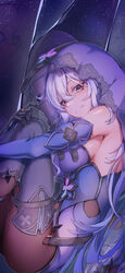  absurdres bare_shoulders black_gloves black_swan_(honkai:_star_rail) breasts commentary_request dress elbow_gloves fall4592 female gloves hair_spread_out highres honkai:_star_rail honkai_(series) jewelry knee_up long_hair looking_at_viewer medium_breasts purple_dress purple_hair ring sitting sleeveless sleeveless_dress smile solo thighs veil very_long_hair yellow_eyes 