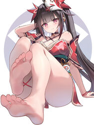  absurdres bare_legs bare_shoulders barefoot bell black_gloves black_hair breasts choker detached_sleeves dress feet female foot_focus foreshortening fox_mask full_body gloves highres honkai:_star_rail honkai_(series) legs long_hair looking_at_viewer mask mask_on_head pink_eyes presenting_foot red_dress sash smile soles solo sparkle_(honkai:_star_rail) toes twintails very_long_hair yuye 