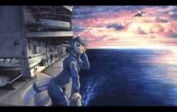  2024 absurd_res aircraft airplane anthro biped black_bars blue_hair breasts clothing detailed_background ewgengster_(artist) f-35 female fish hair hi_res jet letterbox marine military_uniform navy non-mammal_breasts outside red_eyes saryn_(srinon) sea shark ship sky skyscape solo traditional_media_(artwork) uniform vehicle water watercraft yellow_body 