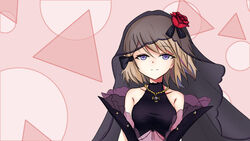  azur_lane bare_shoulders black_dress blue_eyes blue_hair breasts brown_hair closed_mouth collarbone commentary_request covered_collarbone cross dress female flower hair_between_eyes highres iron_cross looking_at_viewer medium_breasts multicolored_hair pink_background purple_hair red_flower red_rose rock_zinc rose see-through smile solo streaked_hair upper_body veil z23_(azur_lane) z23_(schwarze_hochzeit)_(azur_lane) 