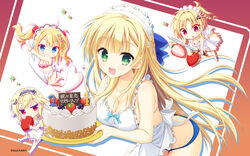  4girls :d alternate_costume apron bare_arms blonde_hair blue_bow blue_eyes blue_panties blunt_bangs blush bow breasts cake chibi chibi_inset cleavage collarbone company_name cowboy_shot drop_shadow floating_hair food frilled_apron frills fruit green_eyes grin hair_ornament hairbow happy heart heart_hair_ornament heroina_di_caballero_ista highres holding holding_sword holding_weapon jitome kin-iro_loveriche kisaki_reina large_breasts leaning_forward long_hair looking_at_viewer maid_headdress medium_hair moribe_(rabumanyo) multiple_girls nearly_naked_apron official_art official_wallpaper open_mouth panties picpicgram pink_eyes red_eyes sidelocks simple_background smile solo_focus souma_ria standing straight_hair strawberry swept_bangs sword sylvia_le_cruzcrown_sortilege_sisua twintails underwear v-shaped_eyebrows very_long_hair weapon white_apron white_background 