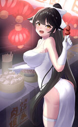  absurdres azur_lane black_hair bouhuuu breasts china_dress chinese_clothes cowboy_shot dress elbow_gloves female gloves highres lantern large_breasts long_hair looking_at_viewer official_alternate_costume open_mouth paper_lantern side_slit skindentation solo standing takao_(azur_lane) takao_(the_lessons_of_spring)_(azur_lane) taut_clothes taut_dress thighhighs very_long_hair white_dress white_gloves white_thighhighs yellow_eyes 