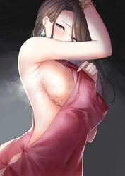  arm_up armpits blue_eyes bracelet breasts brown_hair clothes_pull covered_navel dangle_earrings dress dress_pull earrings female highres jewelry large_breasts long_hair looking_at_viewer original pink_dress piyosuke_tmg presenting_sideboob pulling_own_clothes sideboob simple_background sleeveless sleeveless_dress solo sweat 