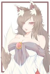  animal_ears breasts brown_hair cleavage cube85 female hair_over_one_eye highres imaizumi_kagerou large_breasts long_hair looking_at_viewer off_shoulder open_mouth red_eyes simple_background solo tail touhou upper_body white_background wolf_ears wolf_girl wolf_tail 