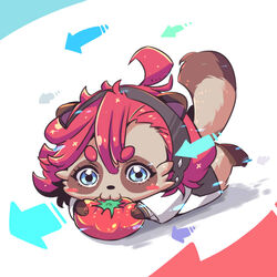  1:1 alternate_species arrow_sign blue_eyes blush canid canine chibi clothing eating female food fruit furrification gundam hair iguanahensyutyo lying_on_ground mammal mobile_suit_gundam_the_witch_from_mercury on_ground plant raccoon_dog red_hair short_hair solo suletta_mercury tanuki tomato 